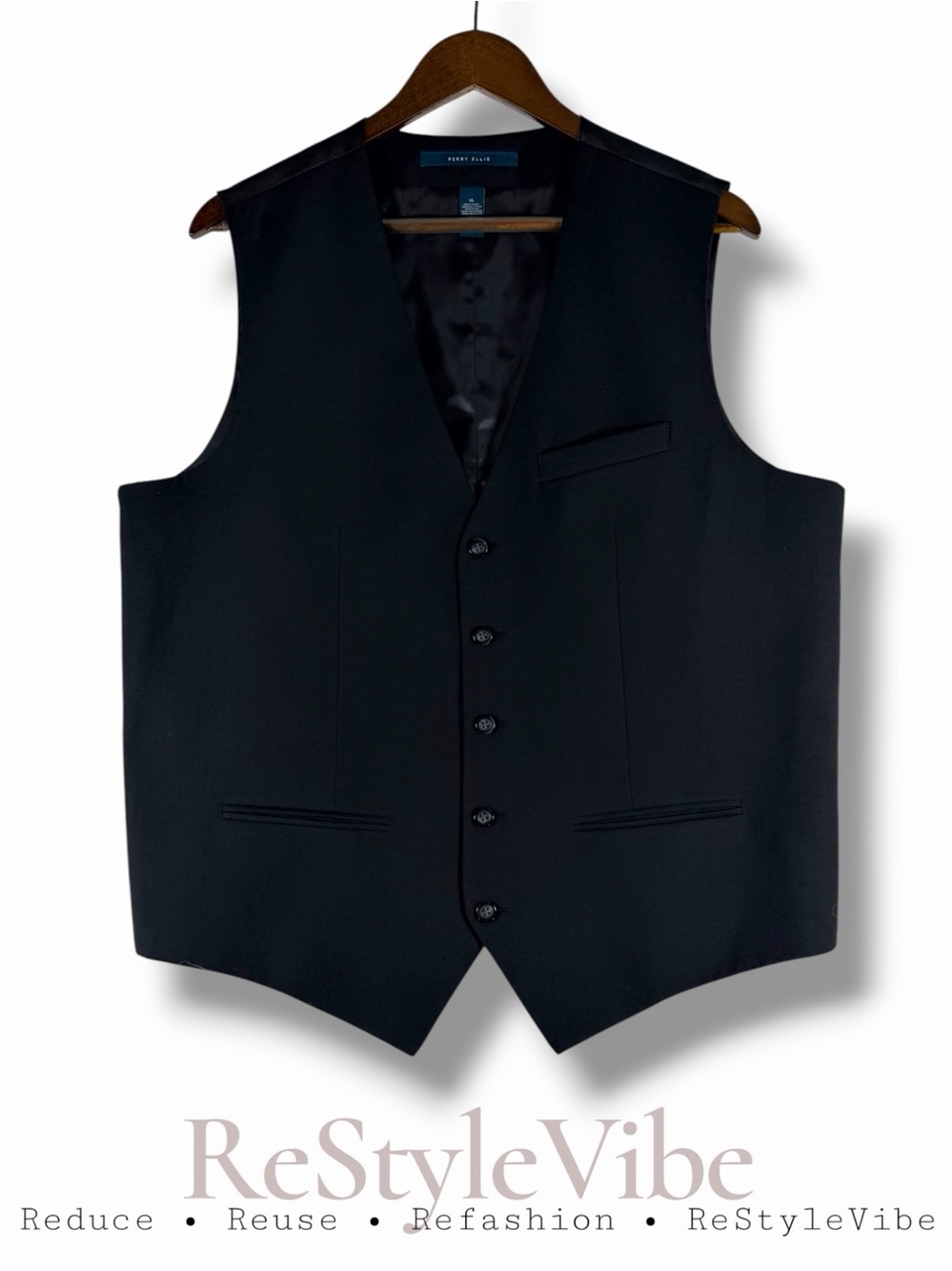 PERRY ELLIS Men’s Size XL Vest Black Lined Button Front Close Adjustable